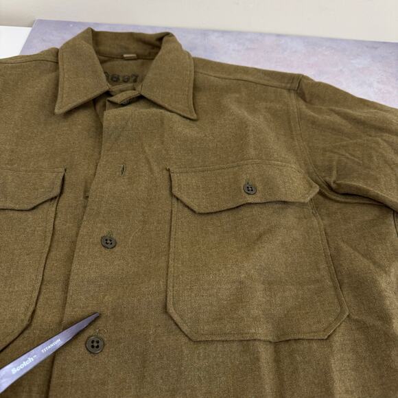 WWII Vtg Wool Shirt US Military Olive Drab Khaki Button Placket Sz 15/32 READ - Picture 8 of 16